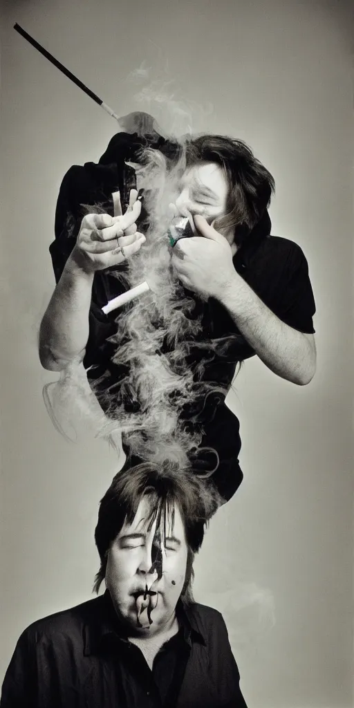 Prompt: award winning photo of bill hicks SNORTING SMOKING TRIPPING, vivid colors, happy, symmetrical face, beautiful eyes, studio lighting, wide shot art by Sally Mann & Arnold Newman