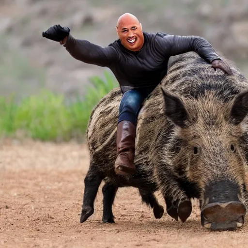 Image similar to dwayne the rock johnson riding a wild boar