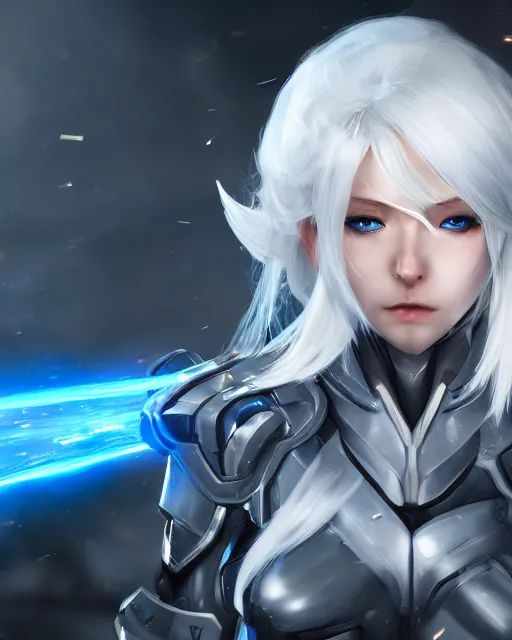 Image similar to perfect white haired girl, warframe armor, beautiful, dreamy, half asian, pretty face, blue eyes, detailed, windy weather, scifi platform, laboratory, experiment, 4 k, ultra realistic, epic lighting, cinematic, high detail, masterpiece, by akihiko yoshida, kazuya takahashi