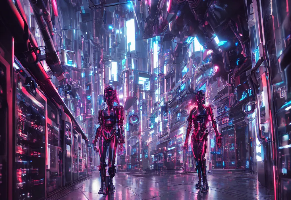 Prompt: shot of film by cyberpunk syle, human like a cyborg, full body, walking in detailed data center, character design, symmetrical, vivid color, complementary color, detailed, sharp lines, trending on artstation, volumetric lighting, by yoichi hatakenaka octane render