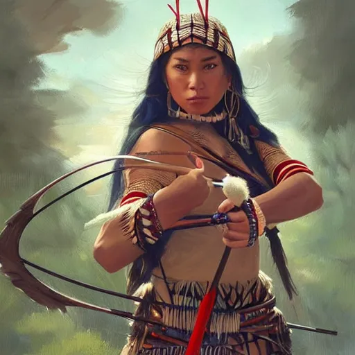 Image similar to a woman dressed in native american clothing holding a bow and arrow, a fine art painting by john clayton, ambient lighting, detailed face, by makoto shinkai, stanley artgerm lau, wlop, rossdraws