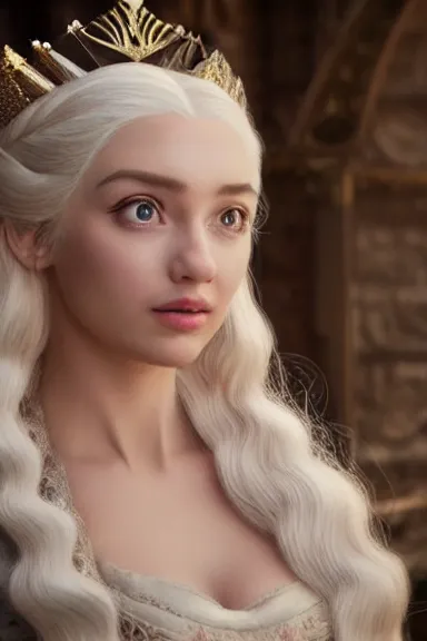 Image similar to very very intricate photorealistic photo of a realistic human version of princess peach in an episode of game of thrones, photo is in focus with detailed atmospheric lighting, award - winning details