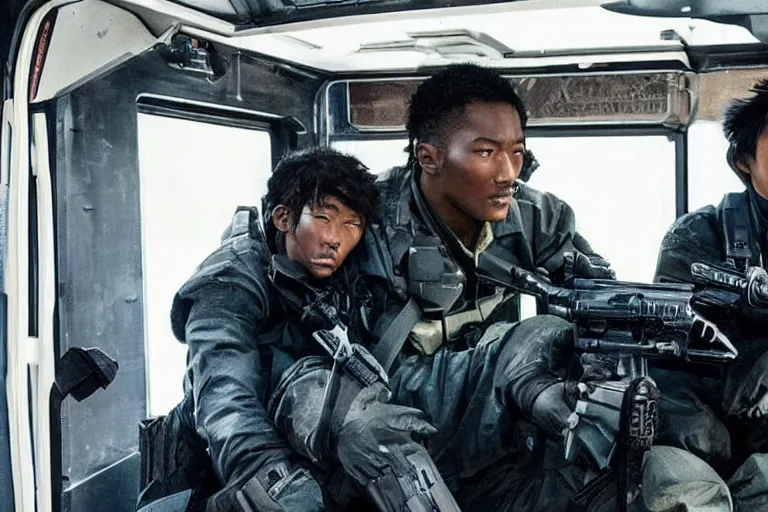 Image similar to movie diverse interracial team of Japanese robbers armed with rifles interior clean futuristic tactical van, beautiful skin, Symmetrical faces. natural lighting by Emmanuel Lubezki