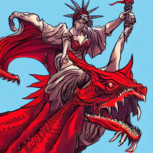 Image similar to Lady Liberty riding the red dragon of 龙, illustration, concept art, in the style of Arthur Adams