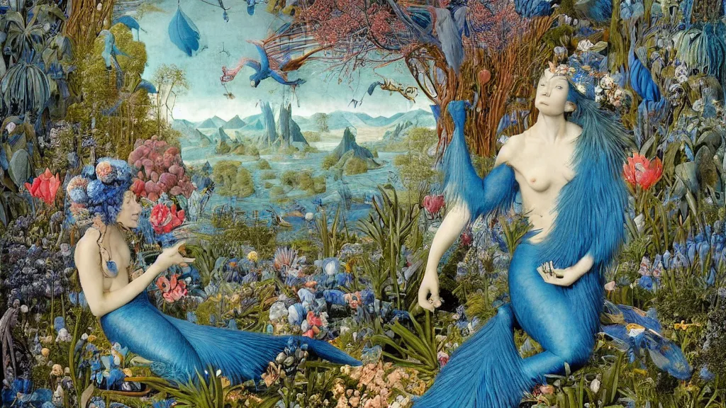 Prompt: a photograph of a grinning meditating blue harpy mermaid mutating into a wild hairy beast. surrounded by huge flowers and trees. river delta with mountains under a blue sky full of burning stars and birds. painted by jan van eyck, max ernst, ernst haeckel, ernst fuchs and artgerm. trending on artstation, fashion editorial