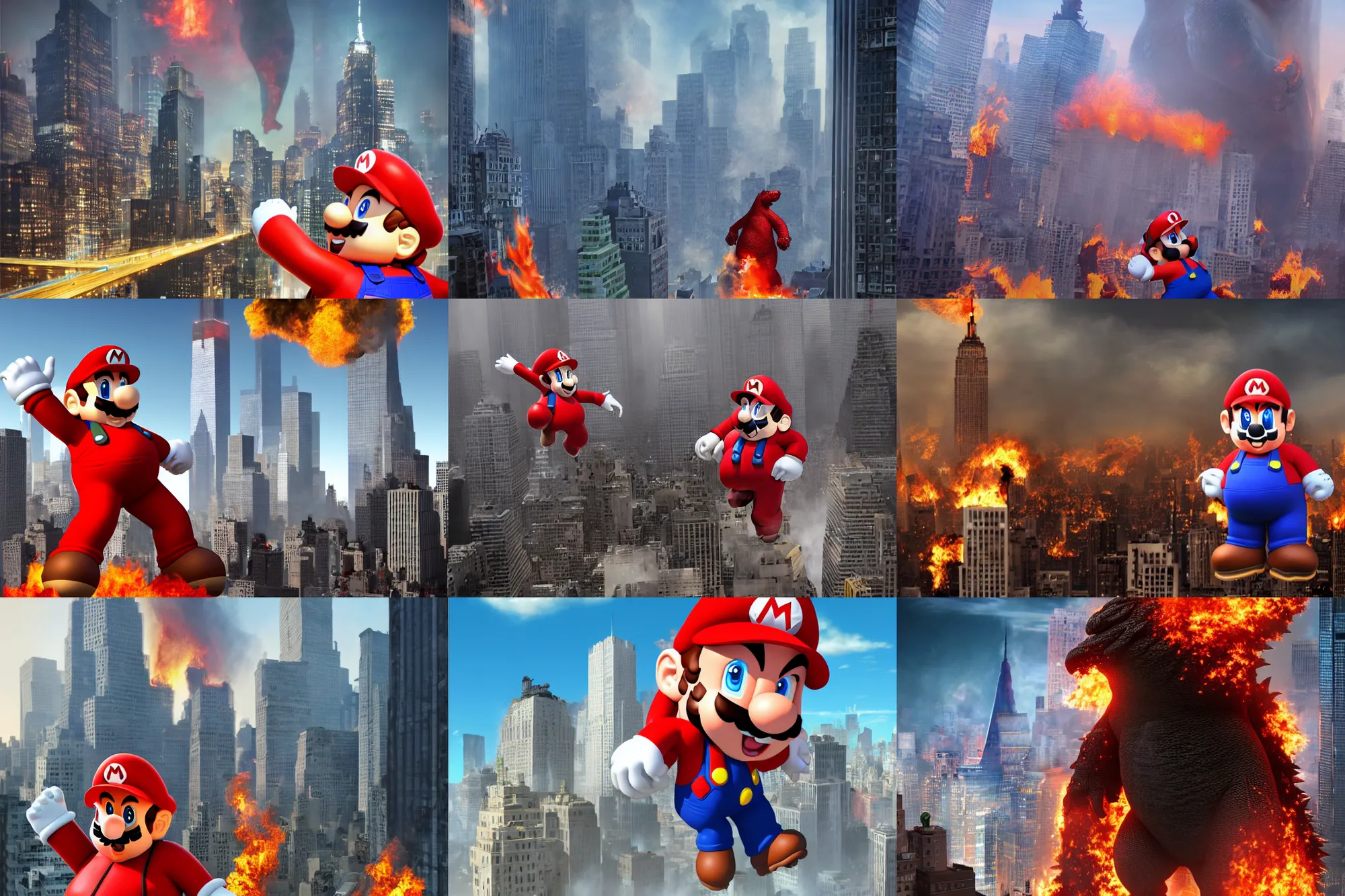 Prompt: gigantic obese hyperrealistic Mario*Godzilla+Mario towers over the burning city of New York and holds a skyscraper in his hand, 8K resolution, ultra detail, dim lighting