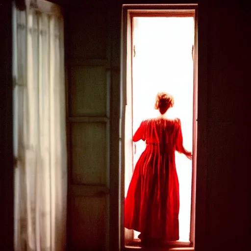 Image similar to woman wearing white and red looking outside the window in her bedroom at night, elegant, highly detailed, 8 k, photorealistic, photography, real picture, heavy grain, studio lighting, hdr, photographed by steve mccurry, annie leibovitz, henri cartier - bresson, robert capa, andreas gursky