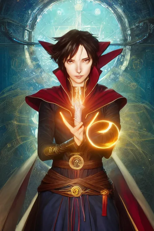 Image similar to anime key visual of a beautiful young female doctor strange, marvel comics, spells, magic, intricate, magical village, stunning, highly detailed, digital painting, artstation, smooth, hard focus, illustration, art by artgerm and greg rutkowski and alphonse mucha