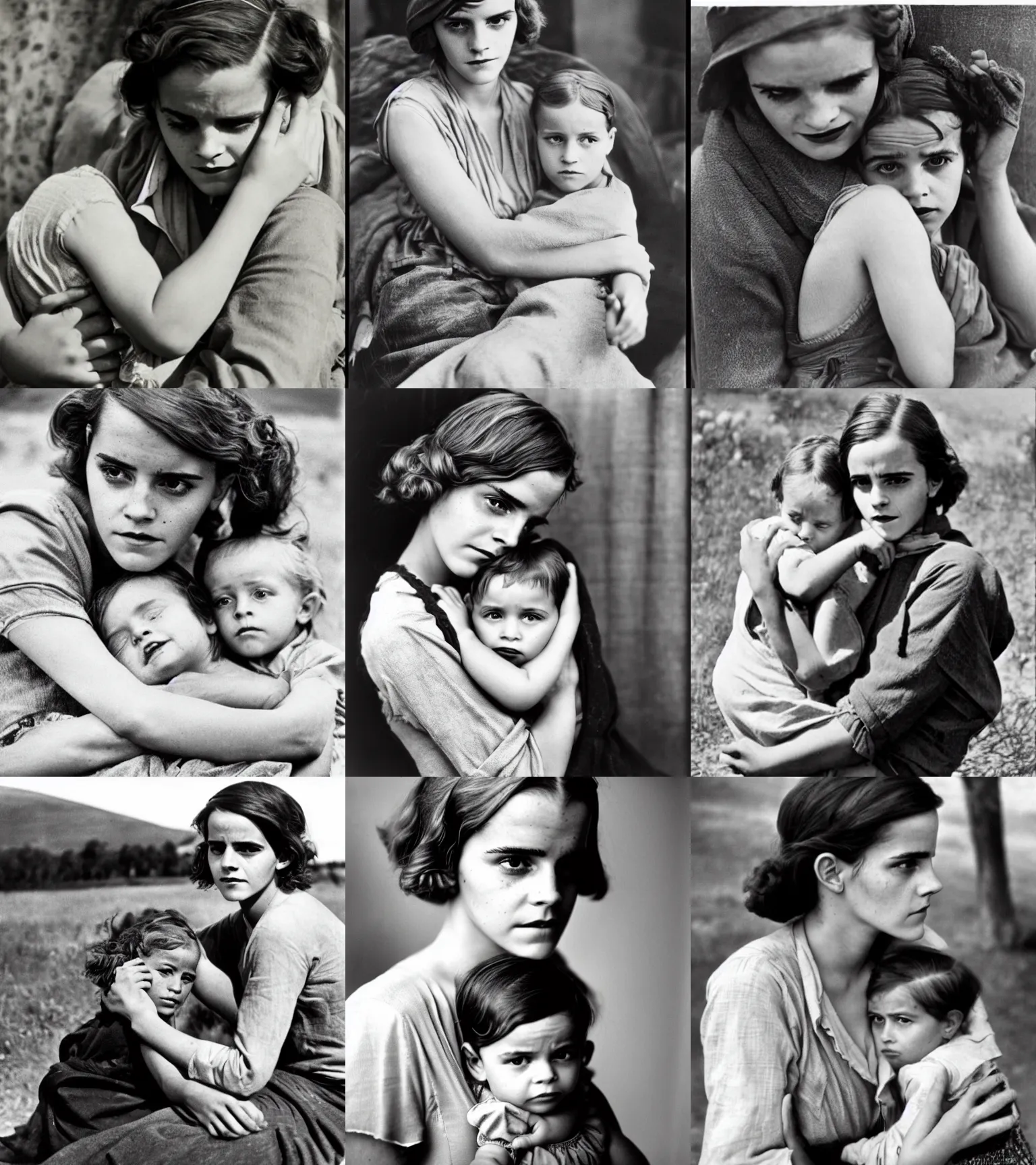 Prompt: Emma Watson as migrant mother, 1936, gritty depression era photo by Dorothea Lange