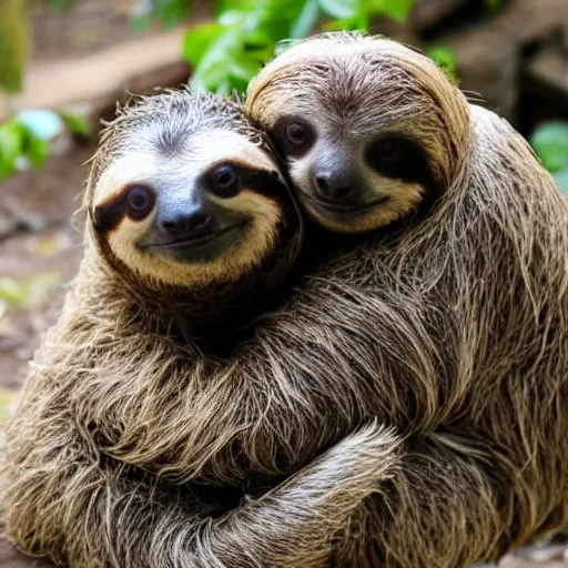 Image similar to a sloth hugging his turtle friend