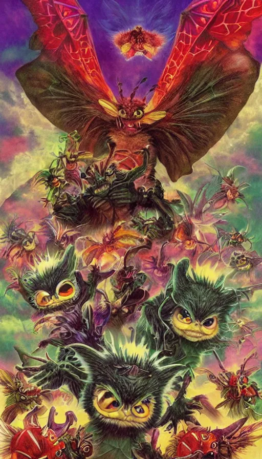 Image similar to gremlins vs mothra art by Noriyoshi Ohrai and Lisa Frank