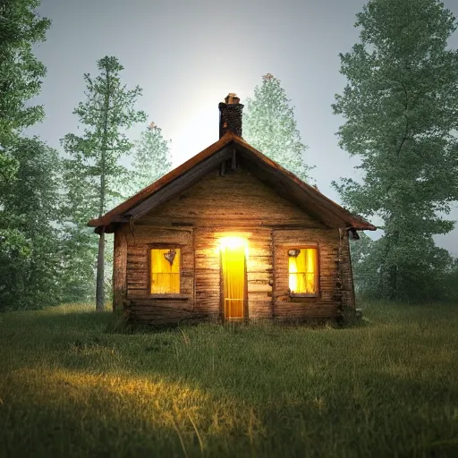 Image similar to an abandoned cottage in the middle of the forest at night, 8k, photorealistic, very detailed, cinematic, point perspective, UHD