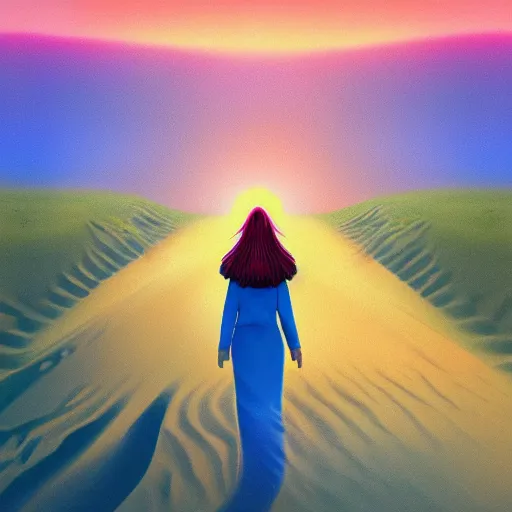 Image similar to closeup giant dahlia flower under head, a girl walking between dunes, surreal photography, sunrise, blue sky, dramatic light, impressionist painting, digital painting, artstation, simon stalenhag