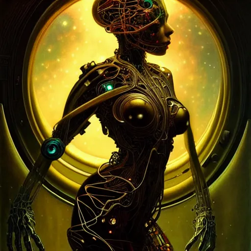 Image similar to extremely psychedelic beautiful cyborg virus infected by night. intricate, elegant, highly detailed, extremely lifelike photorealistic digital painting, artstation. steichen, gaston bussiere, tom bagshaw, cyberpunk alphonse mucha. totally elegant. anatomically correct. sharp focus. black and gold. surreal lush hallucination