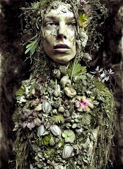 Prompt: beautiful and detailed rotten woman made of plants and many different types of flowers, muscles, intricate, organs, ornate, surreal, john constable, guy denning, dan hillier