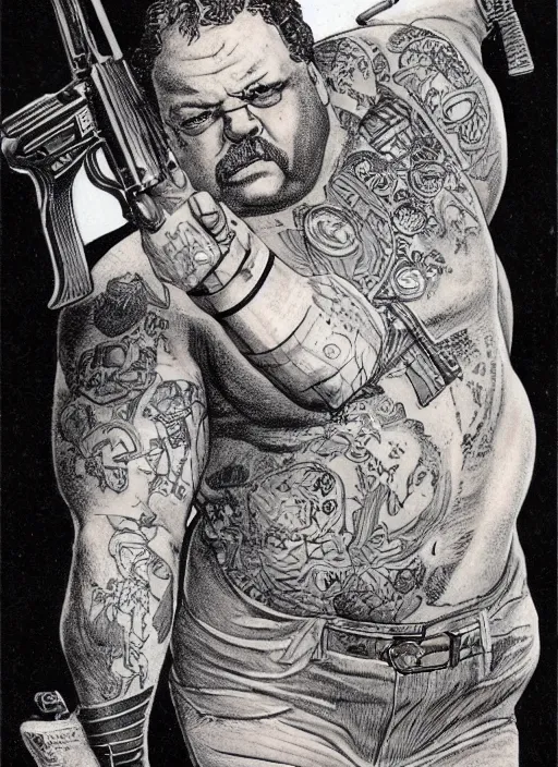 Prompt: gk chesterton as a buff mercenary with tattoos and a shotgun. portrait by james gurney and mœbius.