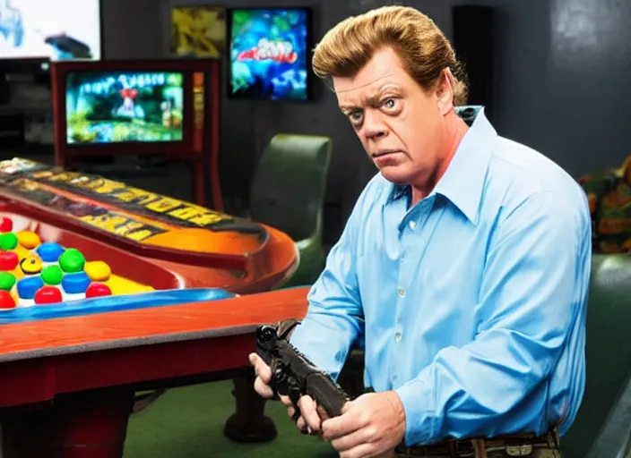 Image similar to shooter mcgavin from happy gilmore, movie still, playing donkey kong in the game room with adam sandler, 8 k, realistic