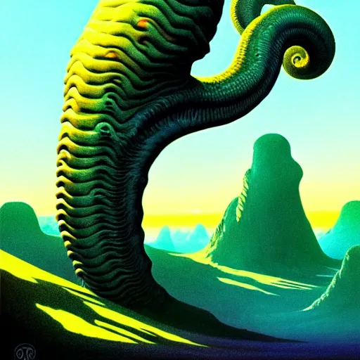 Image similar to highly detailed fantasy art of an alien cephalopod creature in a surreal landscape filled with mountains and mist, diffuse lighting by roger dean, kilian eng, mœbius