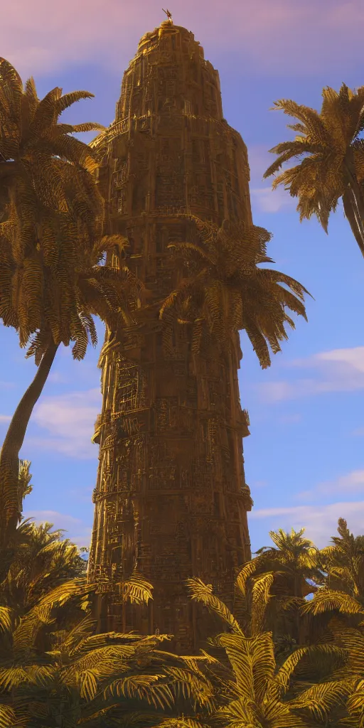 Prompt: eye level view of a golden detailed babylon tower, fantasy, golden hour, photorealism, arid mountains and palm forest, unreal engine