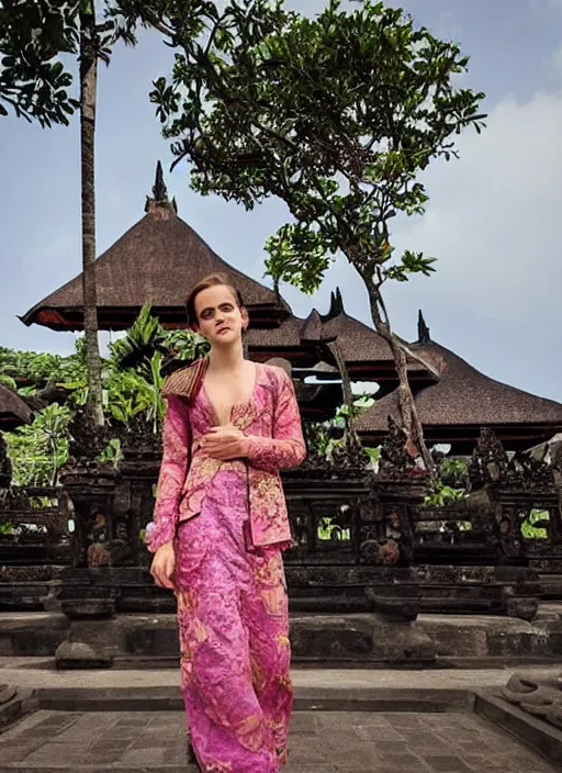 Prompt: emma watson wearing kebaya bali in bali. iconic place in bali. front view. instagram holiday photo shoot, 3 5 mm