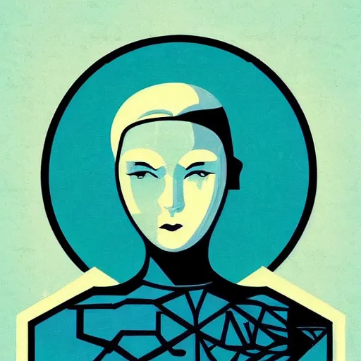 Image similar to art deco of a space woman, teal pallette, random