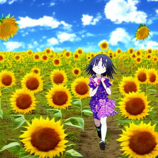 Prompt: Anime young girl in the style of Kyoto Animation running through a field of sunflowers