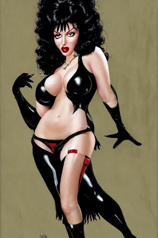 Image similar to a ( beautiful masterpiece highly detailed ) full body portrait illustration of intimate alluring elvira! mistress of the dark by ralph horsely and artgerm and joe jusko, raven black hair, porcelain white skin. betty page, curvy. trending on artstation