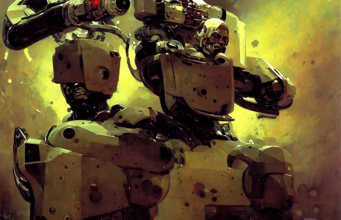 Image similar to portrait of futuristic space robot!!!!!!!!!!!!!!!!!!!!!!!!!!!, detailed face, detailed painting, epic lighting, by ilya repin, phil hale and kent williams