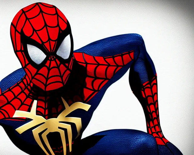 Image similar to photorealistic sketch of black spider - man with gold webbing