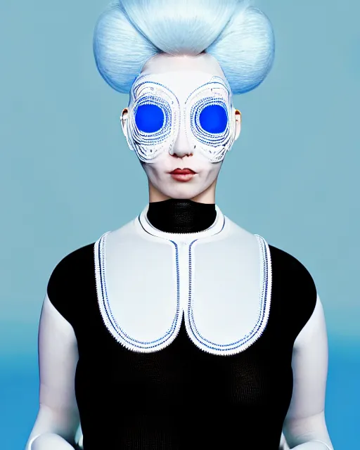 Prompt: symmetrical portrait of a woman wearing white silicone embroidered beauty mask and blue hair buns, wearing a black bodysuit by alexander mcqueen, cream white background, soft light, biotechnology, humanoide robot, bjork aesthetic, translucent, by rineke dijkstra, intricate details, highly detailed, masterpiece,