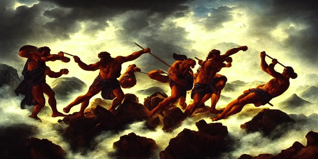 Prompt: amazing ancient landscape photo of greek gods fighting on top mount olympus, beautiful dramatic lighting