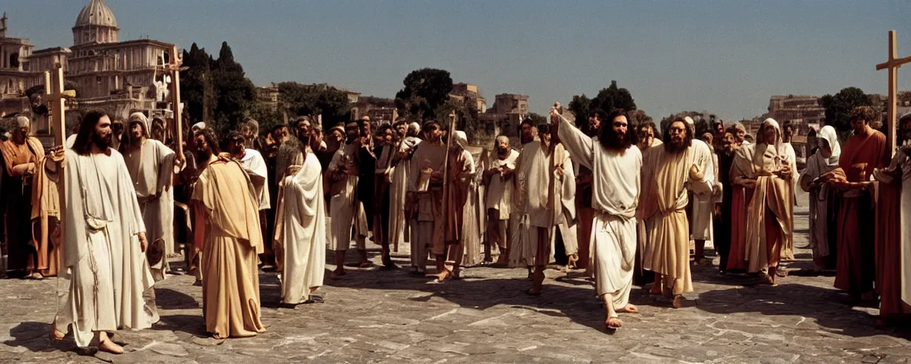 Prompt: jesus being led to the cross made of spaghetti, ancient rome, architectural, minimal, canon 5 0 mm, wes anderson film, kodachrome, retro