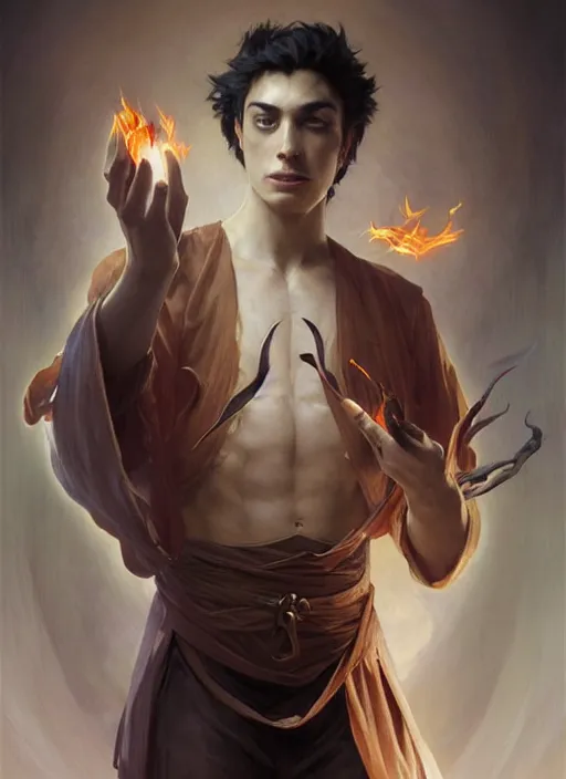 Image similar to character concept portrait of an attractive young focused Spanish wizard with pale orange skin conjuring an burning spell, a floating iridescent spell book in the center, intricate, elegant, digital painting, concept art, smooth, sharp focus, illustration, from Metal Gear, by Ruan Jia and Mandy Jurgens and William-Adolphe Bouguereau, Artgerm