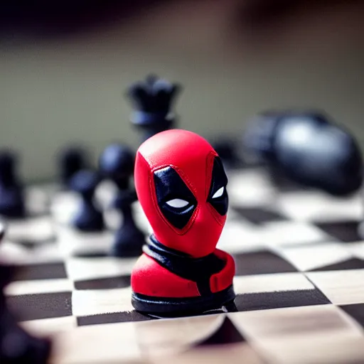 Prompt: deadpool playing chess, photography, marvel, movie,