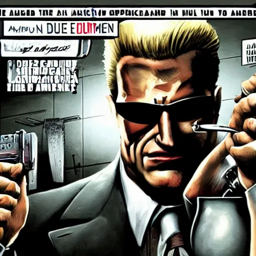 Image similar to Duke Nukem as The American Psycho, staring intensely, Duke Nukem art style, explosive background, cinematic still