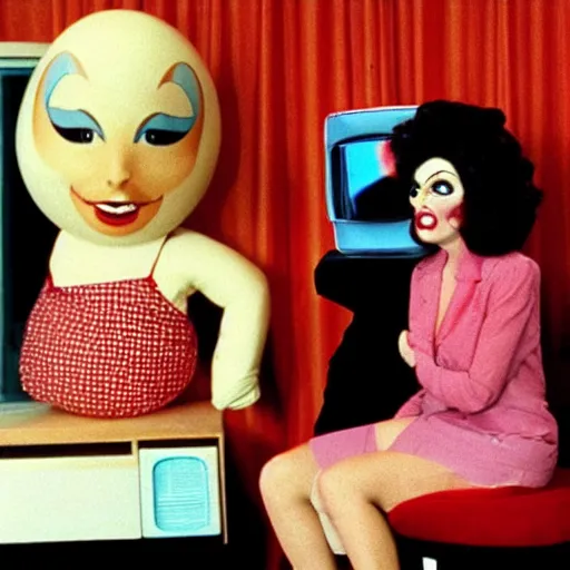 Image similar to bored housewife meets a man with an inflatable cartoon face in a seedy motel room, 1982 color Fellini film, archival footage, technicolor film, 16mm, live action, John Waters, wacky children's tv with anthropomorphic head