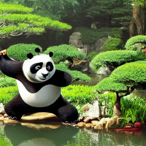 Prompt: photograph of Kung Fu Panda practicing in a Japanese mystical village, bonsai, streams, bamboo forest, koi ponds