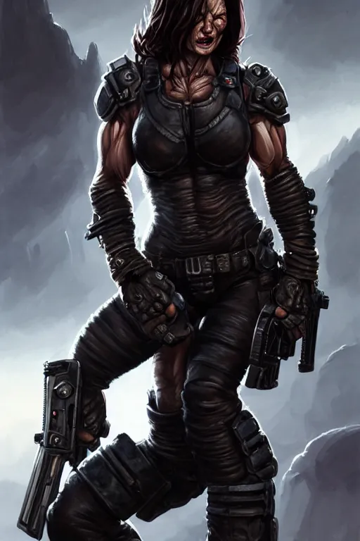 Image similar to gina carano as an ork with prothesis metallic left arm, casual black clothing, muscular, realistic proportions, casual pose, large portrait, sci - fi, shadowrun, rpg character, gun, digital painting, artstation, concept art, smooth, 8 k frostbite 3 engine, ultra detailed, art by artgerm and greg rutkowski and magali villeneuve