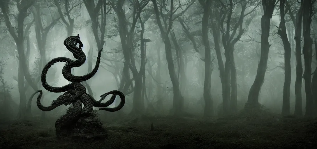 Image similar to a 8 5 mm realistic photograph of a 6 armed serpent goddess + dark fantasy + nightime + ancient forest + dramatic lighting + fog