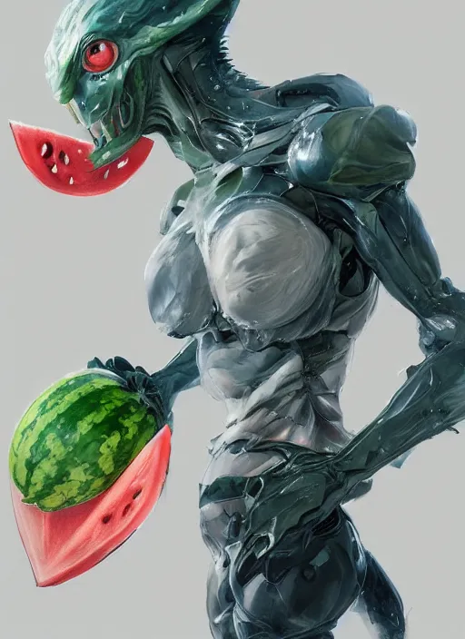 Prompt: semi reallistic gouache gesture painting, by yoshitaka amano, by ruan jia, by conrad roset, by dofus online artists, detailed anime 3 d render of an alien monstrous watermelon, portrait, cgsociety, artstation, rococo mechanical, digital reality, sf 5 ink style, dieselpunk atmosphere, gesture drawn