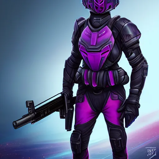 Image similar to vanu soldier, tall, helmet, purple and black clothes, heavy gun, full body, full portrait