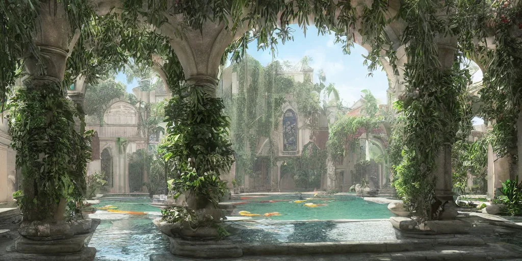 Prompt: cathedral interior with koi pond in the middle surrounded by palm trees, ivy, flowers, tropical plants, roses, and with archways. rendered in octane render with photorealistic lighting, fantasy concept art by tyler edlin, antoine blanchard, thomas cole