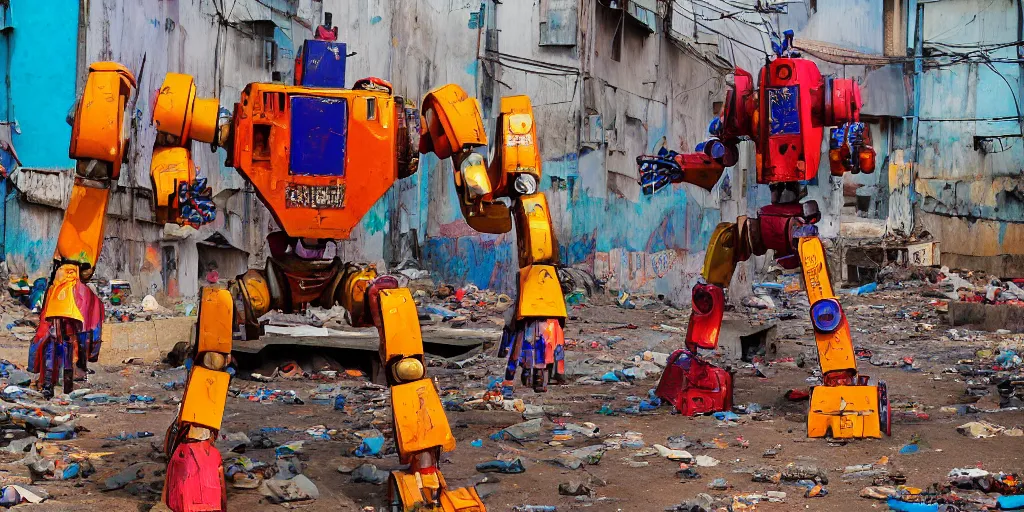 Image similar to colourful - damaged - giant mecha ROBOT of AJEGUNLE SLUMS of Lagos, markings on robot, Golden Hour,