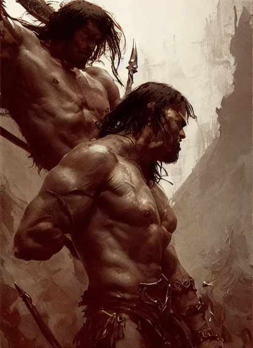 Prompt: conan the barbarian, intricate, elegant, highly detailed, john park, frazetta, sparth, ruan jia, jeffrey catherine jones