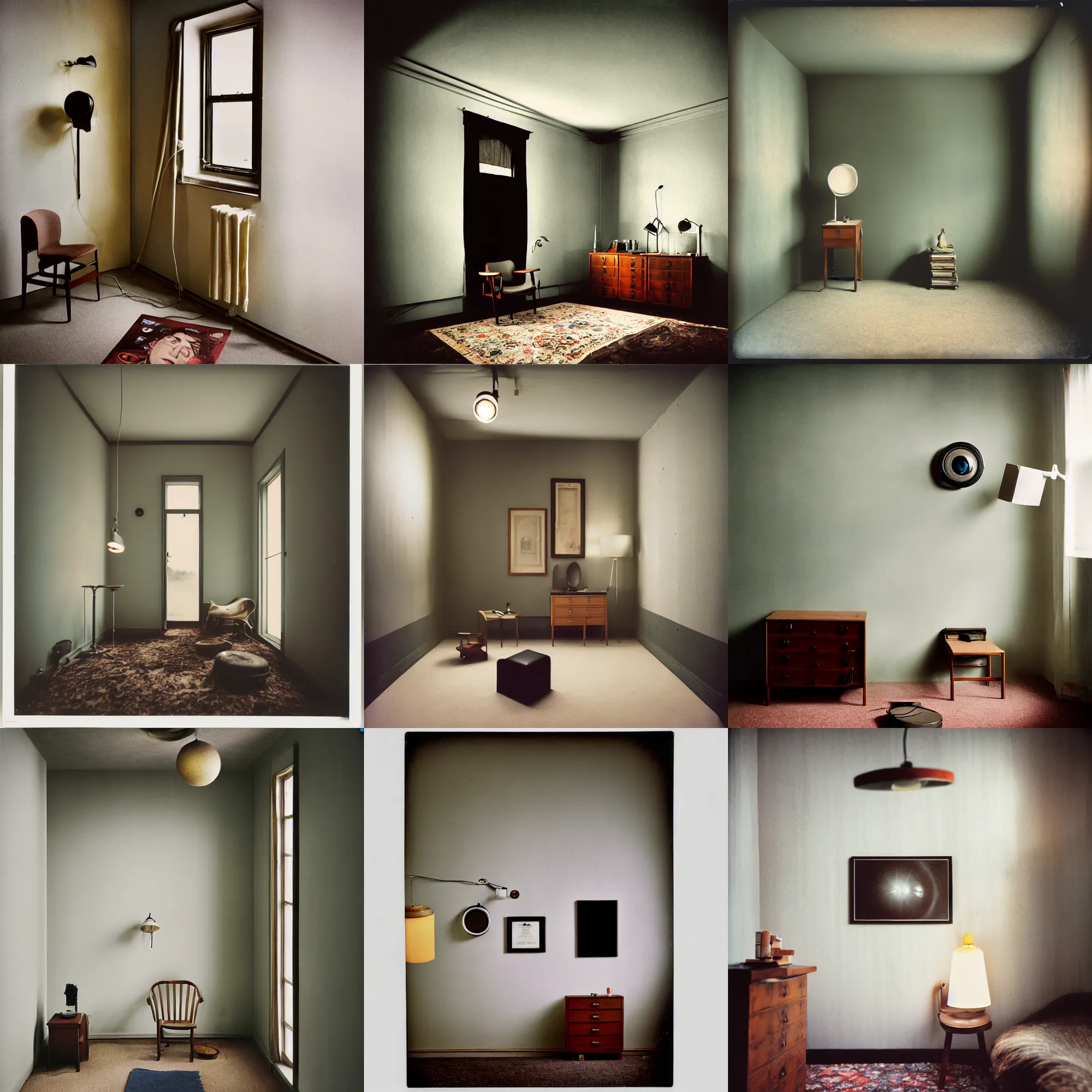 Prompt: kodak portra 4 0 0, wetplate, flashlight, 8 mm extreme fisheye, award - winning portrait by britt marling of a hall in bauhaus style, picture frames, shining lamps, haze, dust, bauhaus furniture, wallpaper, carpet, interior, muted colours