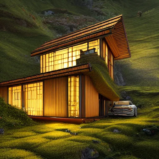 Image similar to small hillside house made of honey, modern lighting, hyper - realistic, hyper - detailed, 8 k, octane rendered, art nouveau, organic, flowing, impossible torsion, writhing, lush, dynamic