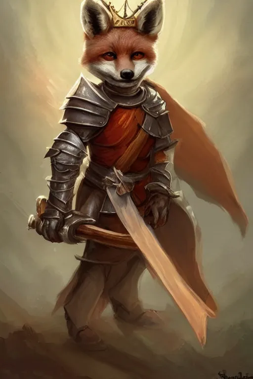 Image similar to cute little anthropomorphic foxy knight wearing a cape and a crown, tiny, small, miniature fox, baby animal, short, pale blue armor, cute and adorable, pretty, beautiful, DnD character art portrait, matte fantasy painting, DeviantArt Artstation, by Jason Felix by Steve Argyle by Tyler Jacobson by Peter Mohrbacher, cinematic lighting