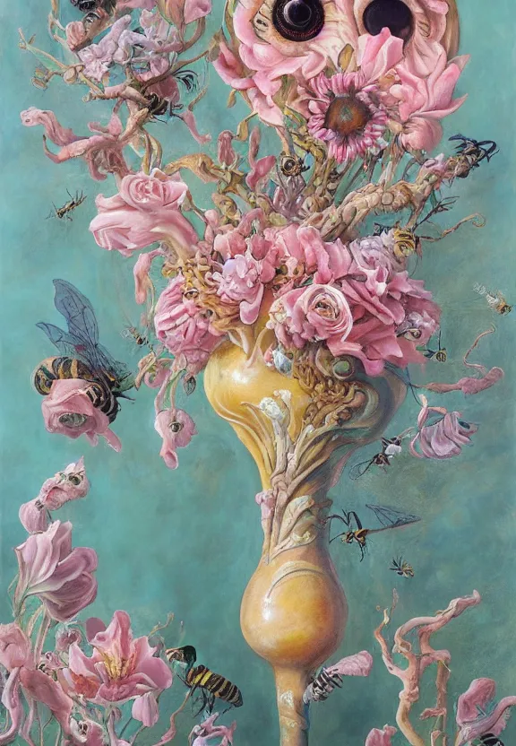 Image similar to a biomorphic painting of a vase with flowers and eyeballs in it, a surrealist painting by marco mazzoni, by dorothea tanning, pastel blues and pinks, bees, featured on artstation, metaphysical painting, oil on canvas, fluid acrylic pour art, airbrush art, seapunk, rococo, lovecraftian