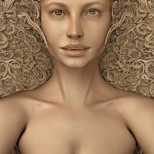 Image similar to beatifull face portrait of a woman, 150 mm, anatomical, flesh, flowers, mandelbrot fractal, facial muscles, veins, arteries, intricate, golden ratio, full frame, microscopic, elegant, highly detailed, ornate, ornament, sculpture, elegant , luxury, beautifully lit, ray trace, unreal, 3d, PBR, in the style of peter Gric , alex grey and Romero Ressendi