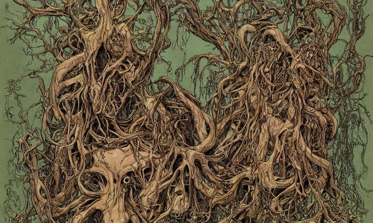 Image similar to hyperdetailed art nouveau portrait of treebeard and old groot as a cthulhu eyeball moose skull wendigo swamp thing creatures, by michael kaluta, pushead and bill sienkiewicz, photorealism, claws, skeleton, antlers, fangs, forest, wild, bizarre, scary, lynn varley, lovern kindzierski, steve oliff